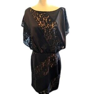Jessica Simpson black satin & lace dress with nude lining, back bow, side zip 14